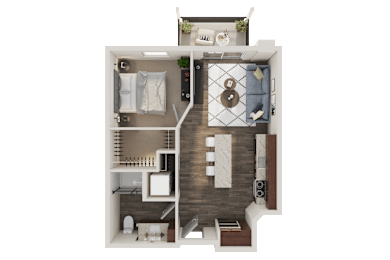 A 3D floor plan of a small apartment with a kitchen, living room, and bathroom.