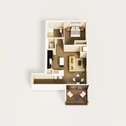 A floor plan of a house with a kitchen, living room, dining room, and two bedrooms.