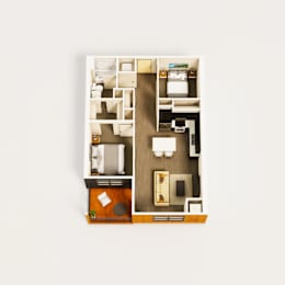 A top down view of a small apartment with a kitchen, living room, and bathroom.