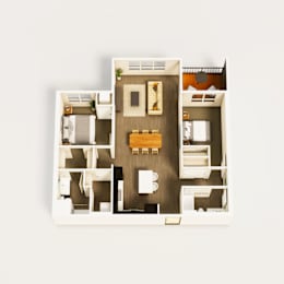 A floor plan of a small apartment with a kitchen, living room, and two bedrooms.