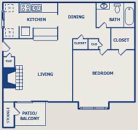 A blueprint of a house layout with labeled rooms such as kitchen, dining, and bedroom.