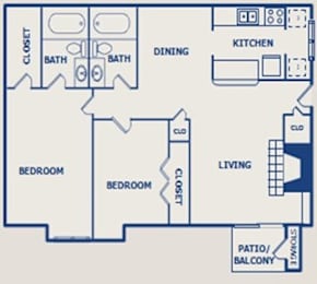 A floor plan of a house with two bedrooms, a living room, a kitchen, a dining room, two bathrooms, a closet, and a patio/balcony.