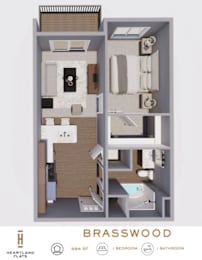 Top down floorplan view of the Brasswood layout showing the kitchen, living area, bedroom, bathroom and laundry at Heartland Flats North Platte.