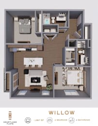 Top down floorplan view of the Willow layout showing the kitchen, living area, bedrooms, bathrooms and laundry at Heartland Flats North Platte.
