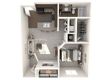 A 3D floor plan of a small apartment with a kitchen, living room, and bathroom.