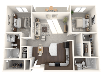 A 3D floor plan of a small apartment with a kitchen, living room, and bedroom.
