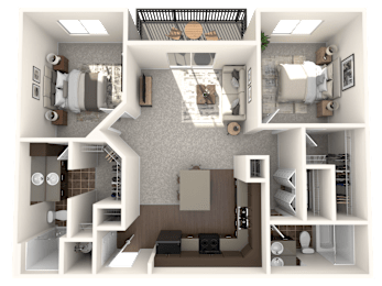 A 3D floor plan of a small apartment with a kitchen, living room, and bathroom.