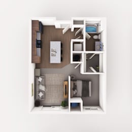Top down floorplan view of the Brasswood layout showing kitchen, living area, bedroom, bathroom and laundry at Heartland Flats Alliance.