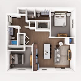 Top down floorplan view of the Willow layout showing living area, kitchen, bedrooms, bathrooms and laundry at Heartland Flats Alliance.
