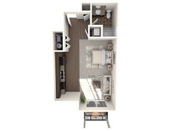 A 3D floor plan of a small apartment with a kitchen, living room, and bathroom.