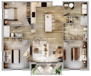 Overhead floorplan layout showing rooms and living spaces for the Ballast at The Harbor