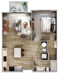 Top down floorplan view of the Stern layout showing kitchen, living area, bedroom and bathroom at The Harbor.