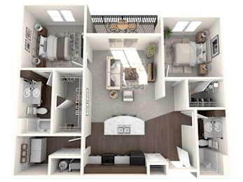 A 3D rendered image of a house layout.