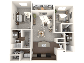 A 3D floor plan of a house with a living room, kitchen, and two bedrooms.