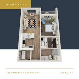 A1 Floor Plan | 727 Sq. Ft. at Converge KC Uptown, Missouri, 64111