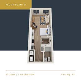 S1 Floor Plan | 464 Sq. Ft. at Converge KC Uptown, Kansas City Missouri