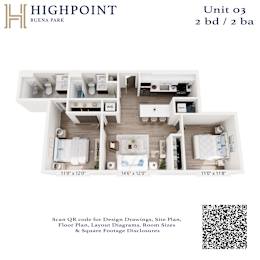 A floor plan for a 2 bedroom, 2 bathroom apartment at Highpoint Buena Park.