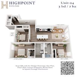 A floor plan for a 3 bedroom, 2 bathroom apartment at Highpoint Buena Park.