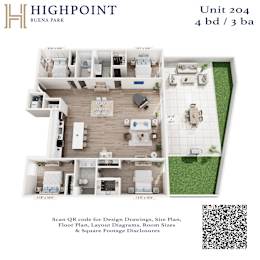 A floor plan for Unit 204 at Highpoint Buena Park shows a 4 bedroom, 3 bathroom apartment layout.