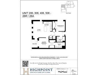 A black and white image of a floor plan for a Highpoint Lincoln Park on Clark apartment.