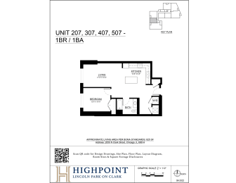 A black and white image of a floor plan for a Highpoint Lincoln Park on Clark apartment.