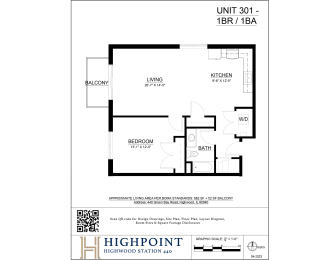 A floor plan for a 1 Bedroom, 1 Bathroom apartment at Highpoint Highwood Station.