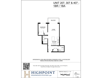 A floor plan for a Highpoint Highwood Station 54.6 apartment layout.