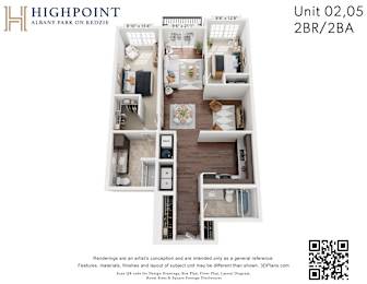 A 3D floor plan of a 2BR/2BA apartment at Highpoint Albany Park on Kedzie.
