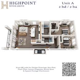 A floor plan for a 2 bedroom, 2 bathroom unit at Highpoint River Grove.
