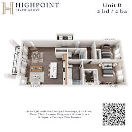 A floor plan for a 2 bedroom, 2 bathroom unit at Highpoint River Grove.