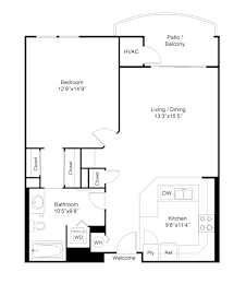 A floor plan of a house with a bedroom, bathroom, kitchen, and living room.