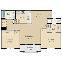 2 Bed, 2 Bath Floorplan