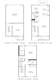 A set of three floor plans for a house with a first, second, and third floor.