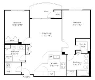 A floor plan of a home with a living room, two bedrooms, a bathroom, a kitchen, a pantry, a walk-in closet, and a reference room.