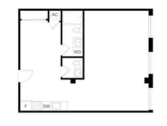 A floor plan of a room with a kitchen area, labeled with "AC" and "WD".