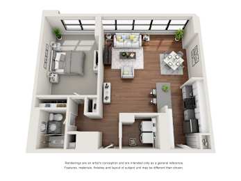 A floor plan of a small apartment with a kitchen, living room, and bedrooms.