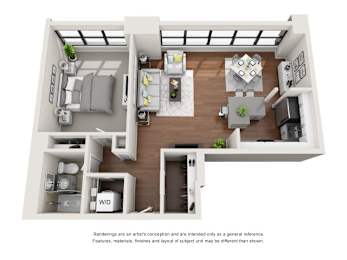 A 3D floor plan of a small apartment with a kitchen, living room, and bedroom.