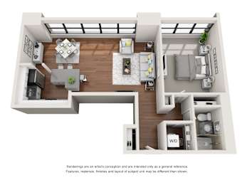 A 3D rendering of a modern apartment layout with a kitchen, living room, and bedroom.