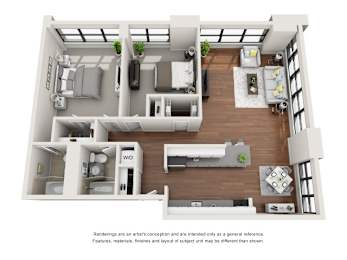 A 3D rendering of a modern, minimalist apartment layout.