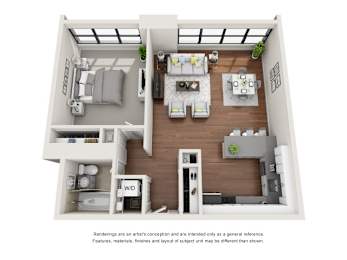 A floor plan of a two-bedroom apartment with a living room, kitchen, and bathroom.