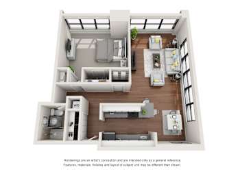 A floor plan of a house with a living room, kitchen, and two bedrooms.