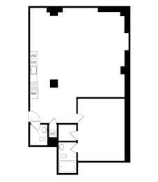 A black and white image of a floor plan with a square, a rectangle, and a circle.