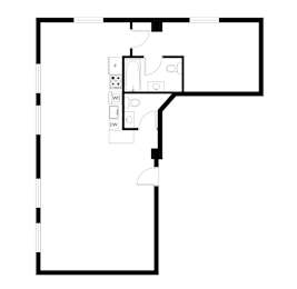 A black and white image of a floor plan with a kitchen area.