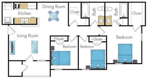Three bedroom floor plan at Brook Ridge Apartments
