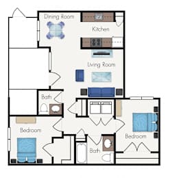A floor plan of a house with a kitchen, two living rooms, two bathrooms, and two bedrooms.