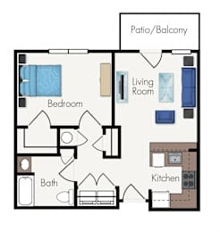 A floor plan of a house with a bedroom, bath, kitchen, living room and patio/balcony.