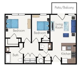 A floor plan of a house with two bedrooms, a living room, a kitchen, a bath, and a patio/balcony.