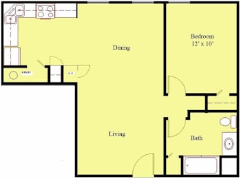 A floor plan of a room with a bedroom, bathroom, living room, and dining area.