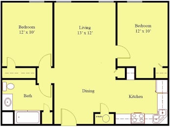 A floor plan of a small apartment with two bedrooms, a living room, a dining area, a kitchen, and a bathroom.