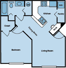 A floor plan of a house with a kitchen, pantry, dining room, living room, bedroom, closet, and bathroom.